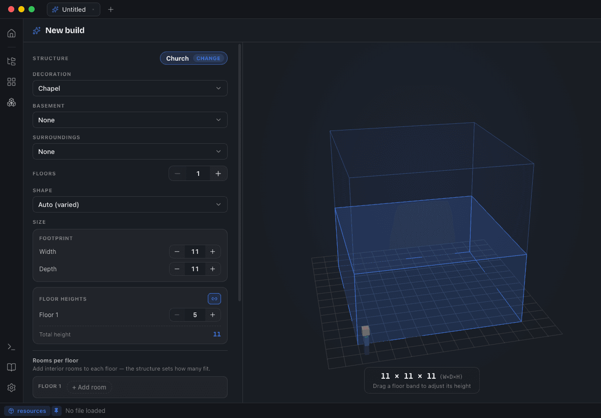 Blockwright’s Build Planner with Church picked: decoration, basement, surroundings, floors, shape and size controls beside a live 3D wireframe of the build volume