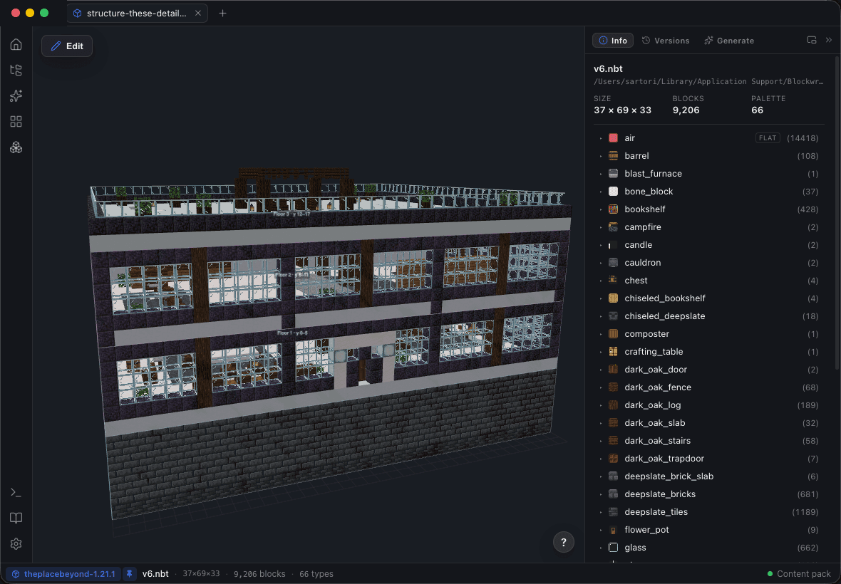 A large multi-storey building generated by Blockwright from a prompt — deepslate, glass and dark oak — rendered in 3D beside its block palette
