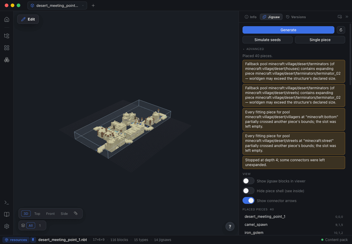 A vanilla desert village assembled from 40 template pieces in Blockwright’s 3D viewer, with the Jigsaw Lab panel listing the rejections and every placed piece