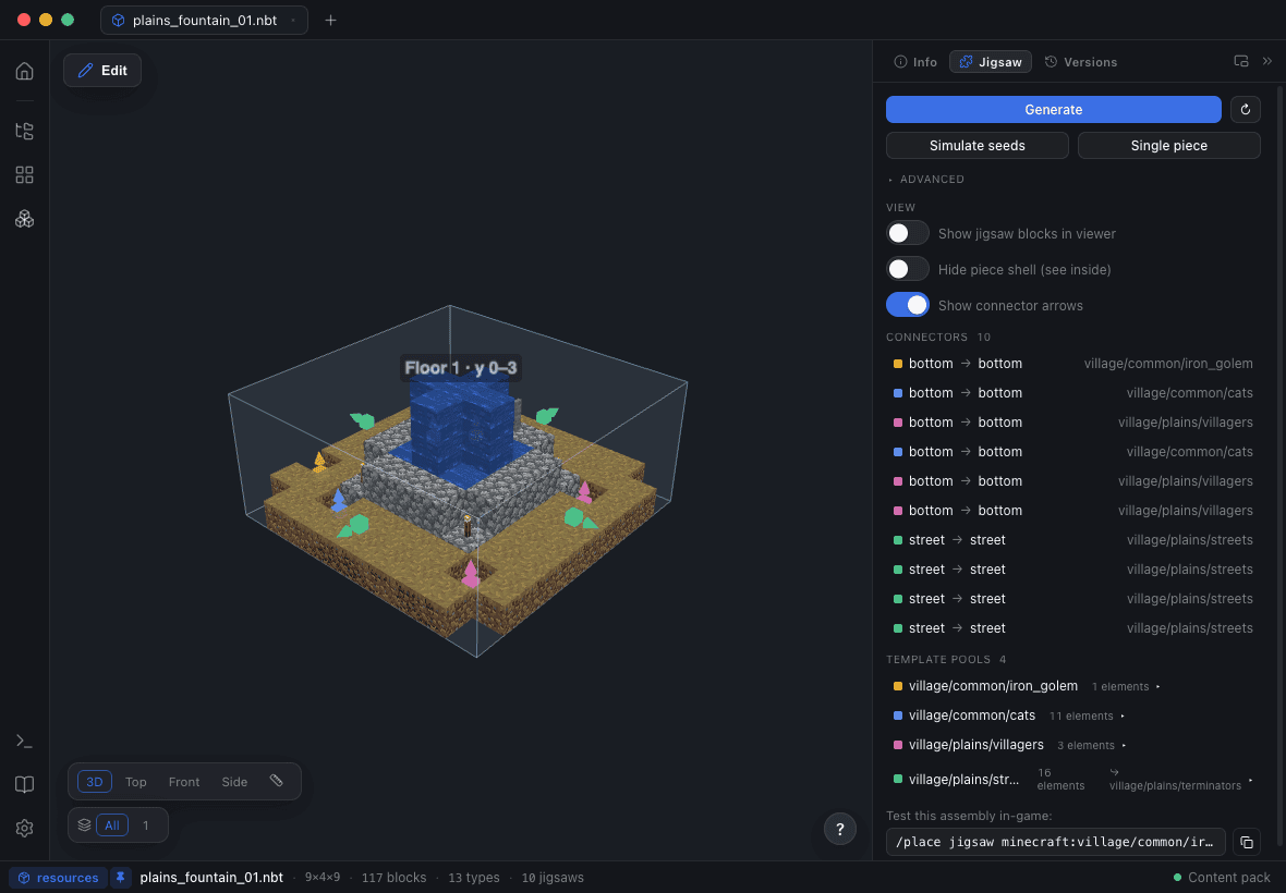 Blockwright showing a vanilla village fountain with ten coloured connector arrows in the 3D scene, listed beside it as name → target rows with their template pools
