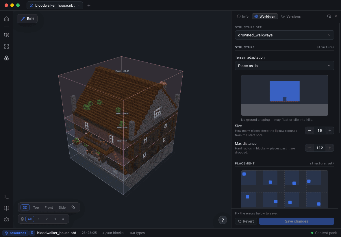 The Worldgen Studio beside a four-storey modded house, showing terrain adaptation, size, max distance and a spacing/separation placement map, with Save blocked until the errors are fixed