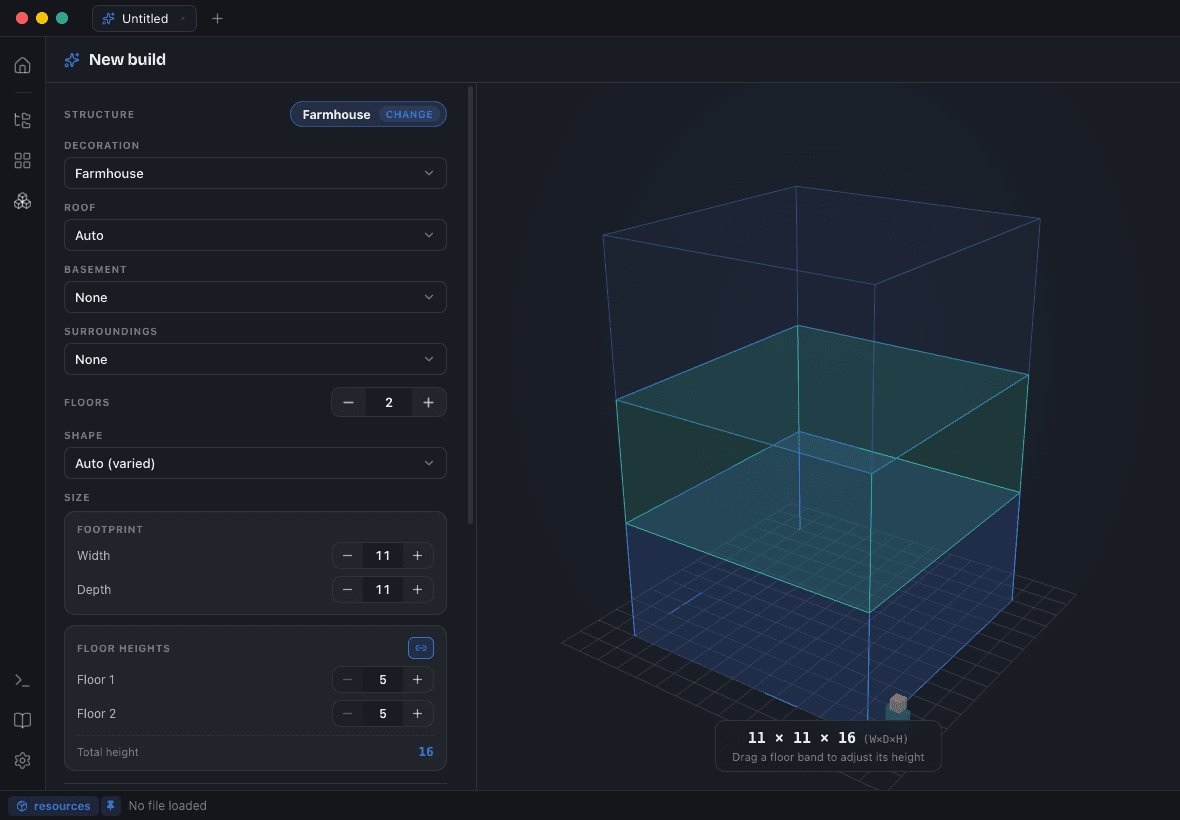 Blockwright's Build Planner with a live 3D wireframe of a two-floor house and controls for roof, basement, floors and size