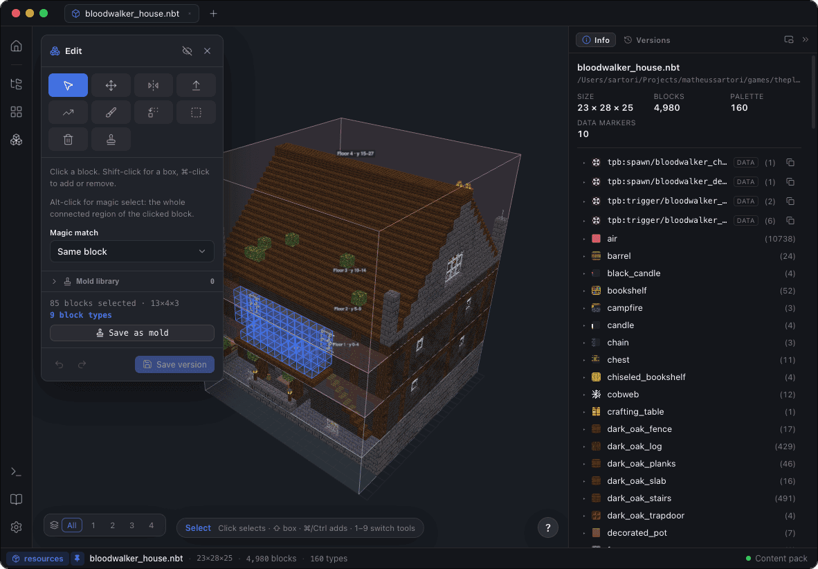 Blockwright's block editor open on a wooden house, a slab of wall selected in blue, with the tool rail and the selection's block count alongside