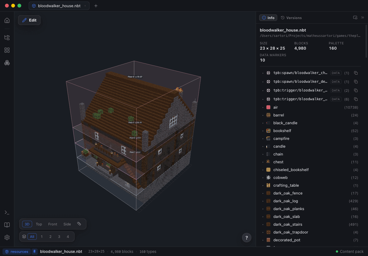 A multi-storey dark oak and stone house from a Minecraft mod, opened in Blockwright and rendered in 3D with the block palette alongside