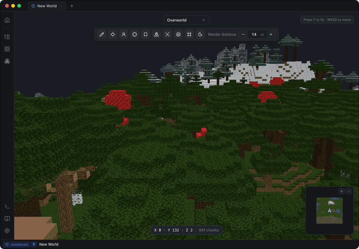 Blockwright flying over a Minecraft save: a jungle canopy with giant mushrooms in the foreground, snowy peaks behind, and the world HUD with a minimap and chunk counter