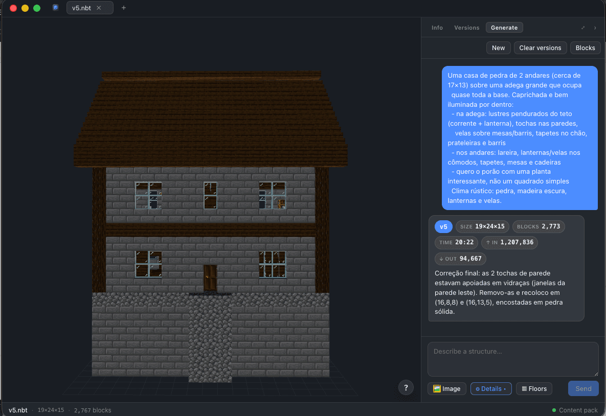 A stone house generated by Blockwright, rendered in 3D