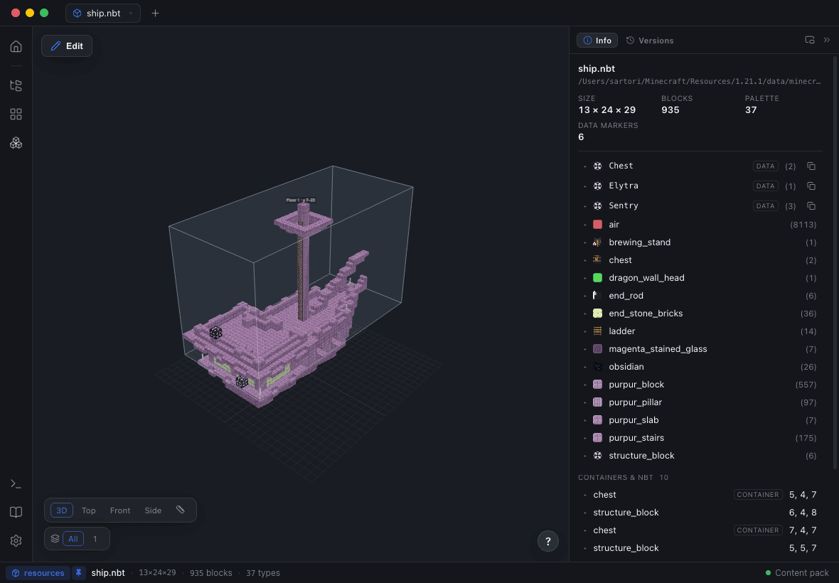 An End City ship rendered in Blockwright, with its data markers and block entities — chests, a dragon head, structure blocks — listed beside the palette