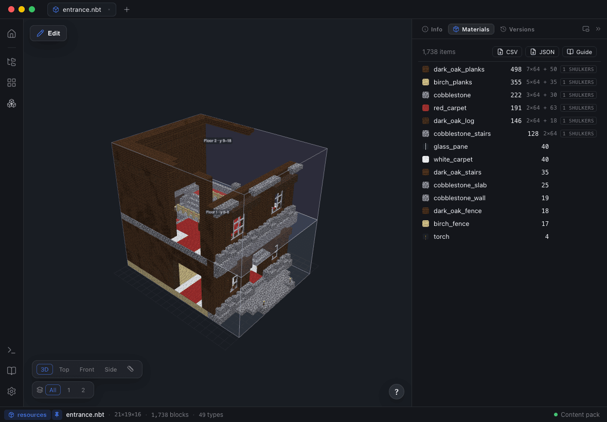 Blockwright’s Materials panel listing every block in a build with its count, stacks and shulker boxes, and CSV and JSON export buttons