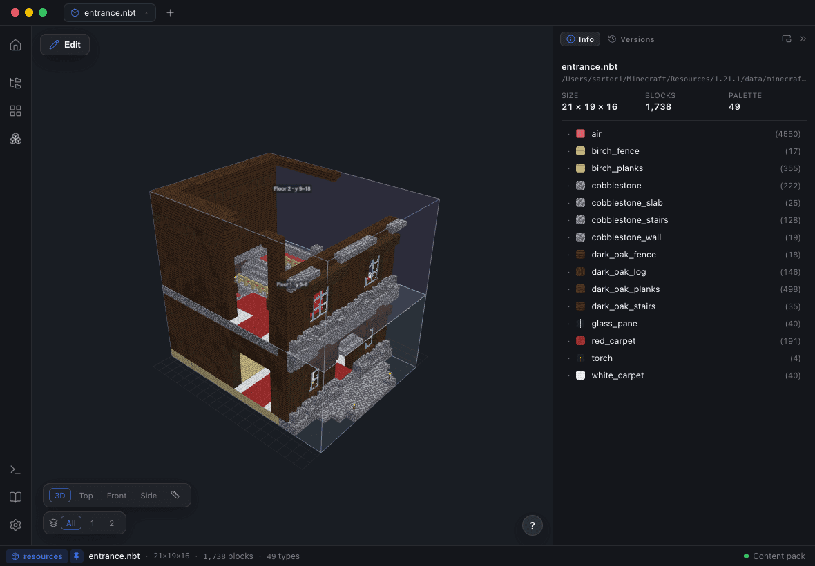 A two-storey dark oak and cobblestone building open in Blockwright’s 3D viewer, with its size, block count and full palette listed beside it
