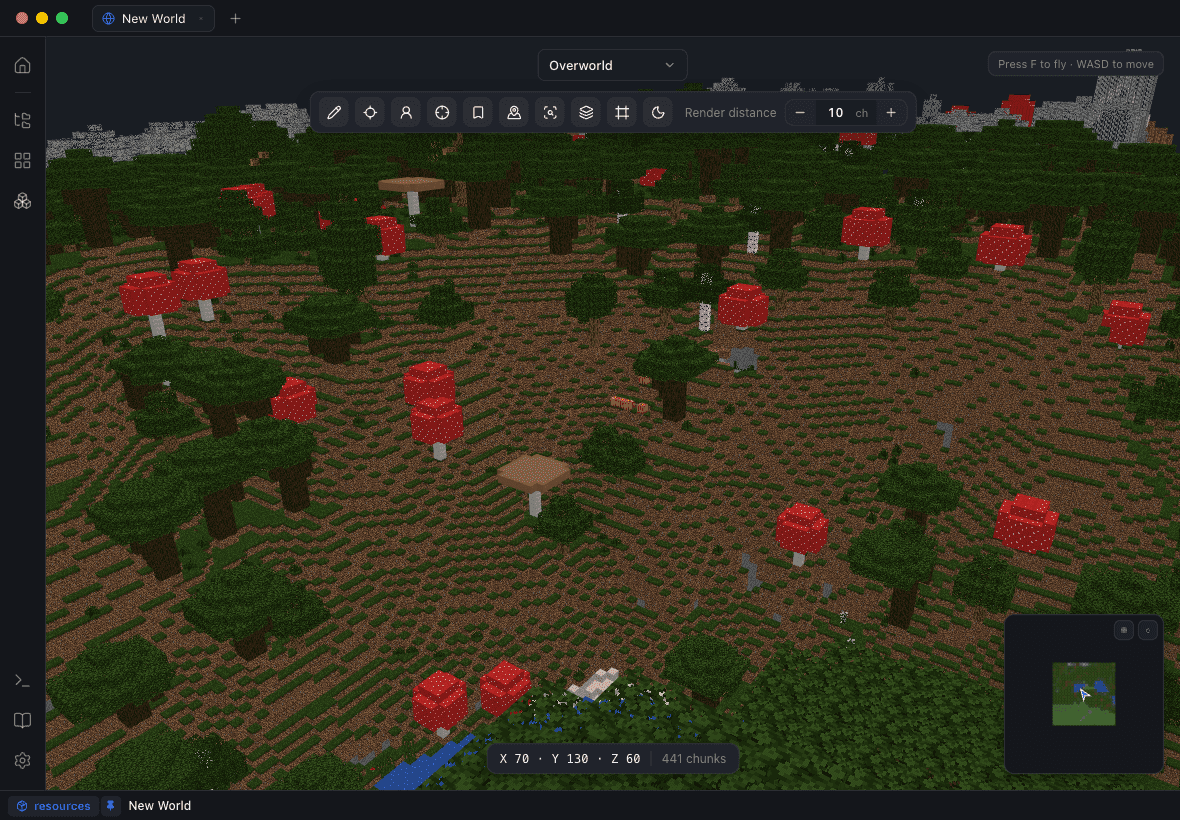 A Minecraft dark forest streamed in 3D inside Blockwright — giant red mushrooms, dense canopy — with the minimap, render-distance control and coordinate readout visible