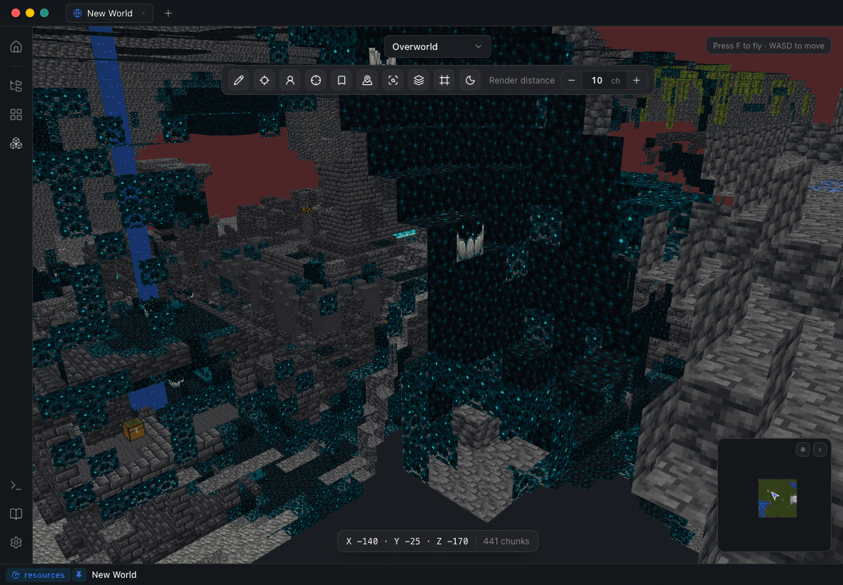 Blockwright flying through a generated ancient city deep underground — sculk, deepslate ruins and a loot chest — with the coordinate readout showing y −25