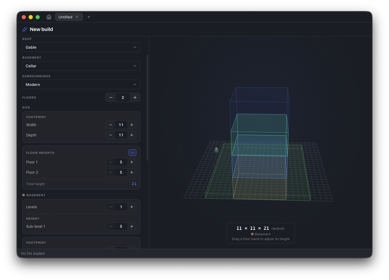 Blockwright build planner with a live 3D wireframe of a two-floor house and controls for roof, basement, floors and size